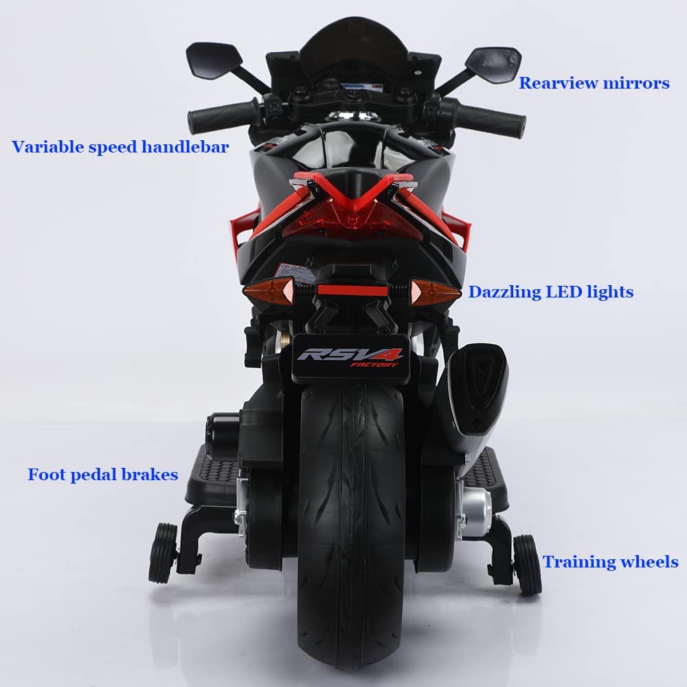 BKIRNP 24V Kids Motorcycle Electric Motorbike Aprilia Licensed Ride on Toy w/LED Lights Bluetooth Music Battery Powered 10MPH for Kids 3-11 Years Old