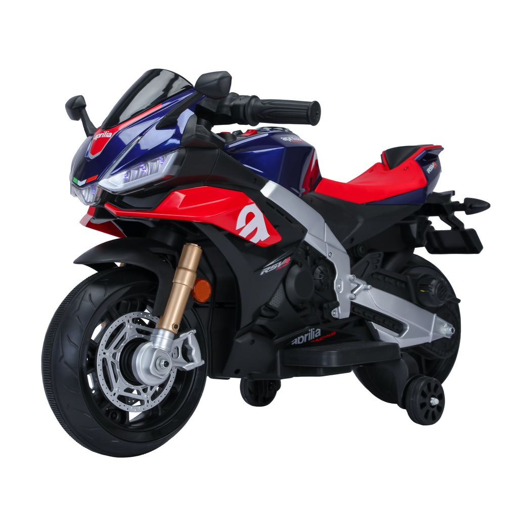 Kids Electric Motorcycle with Long Battery Life, Aprilia Licensed Motorcycle with EVA & Training Wheels, Large Seat 3-5 Years (12V)