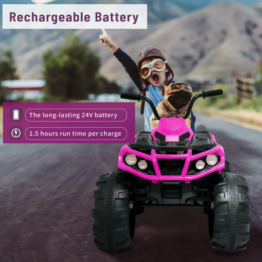 BKIRNP Pink 24V Kids Ride-On ATV Off-Road Quad Car 5mph Electric Car with 2 Speeds and Bluetooth Music