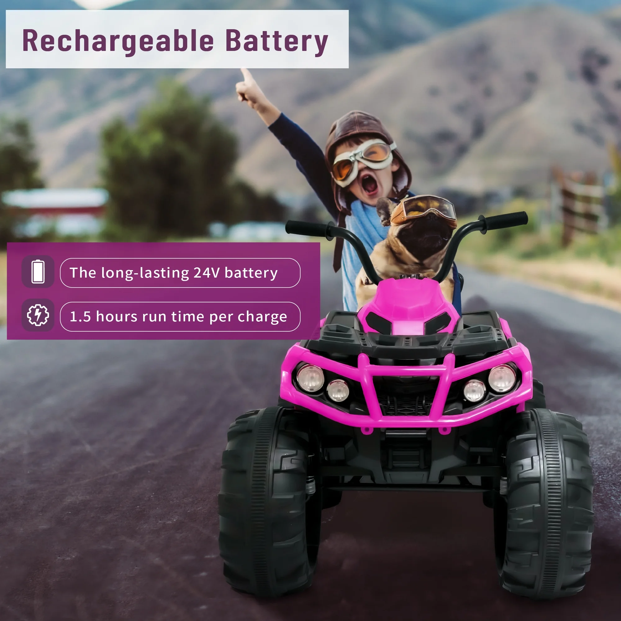 BKIRNP Pink 24V Kids Ride-On ATV Off-Road Quad Car 5mph Electric Car with 2 Speeds and Bluetooth Music