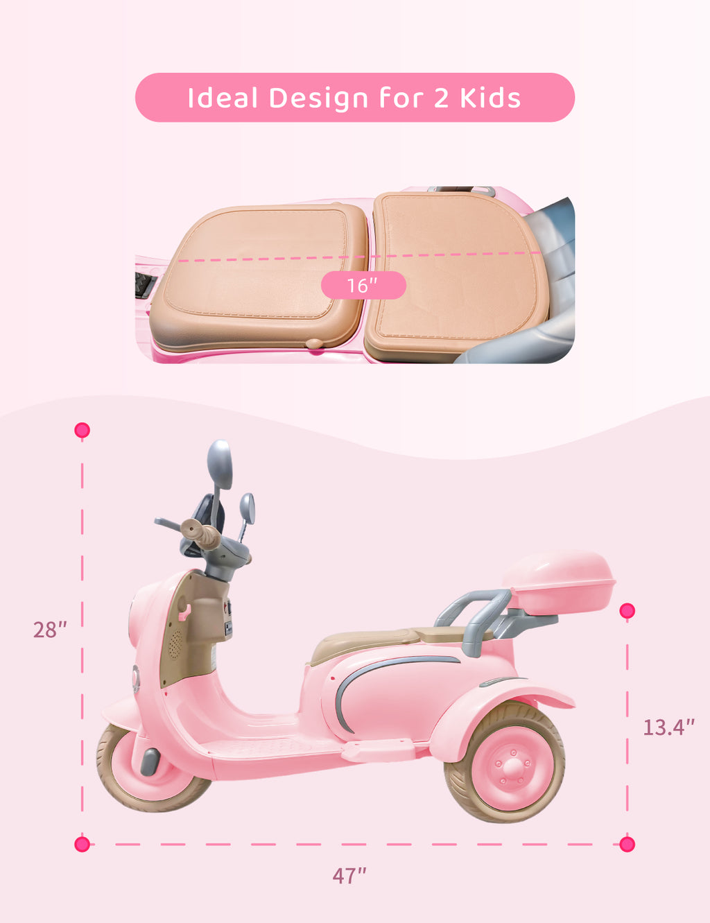 Girls Electric Motorcycle, 2 Seats Kids Motorcycle,12V Ride On Scooter for Kids with Storage Compartments, Cute Design with Stable 3-Wheel Structure, Ideal Moped for Girls Ages 3-6