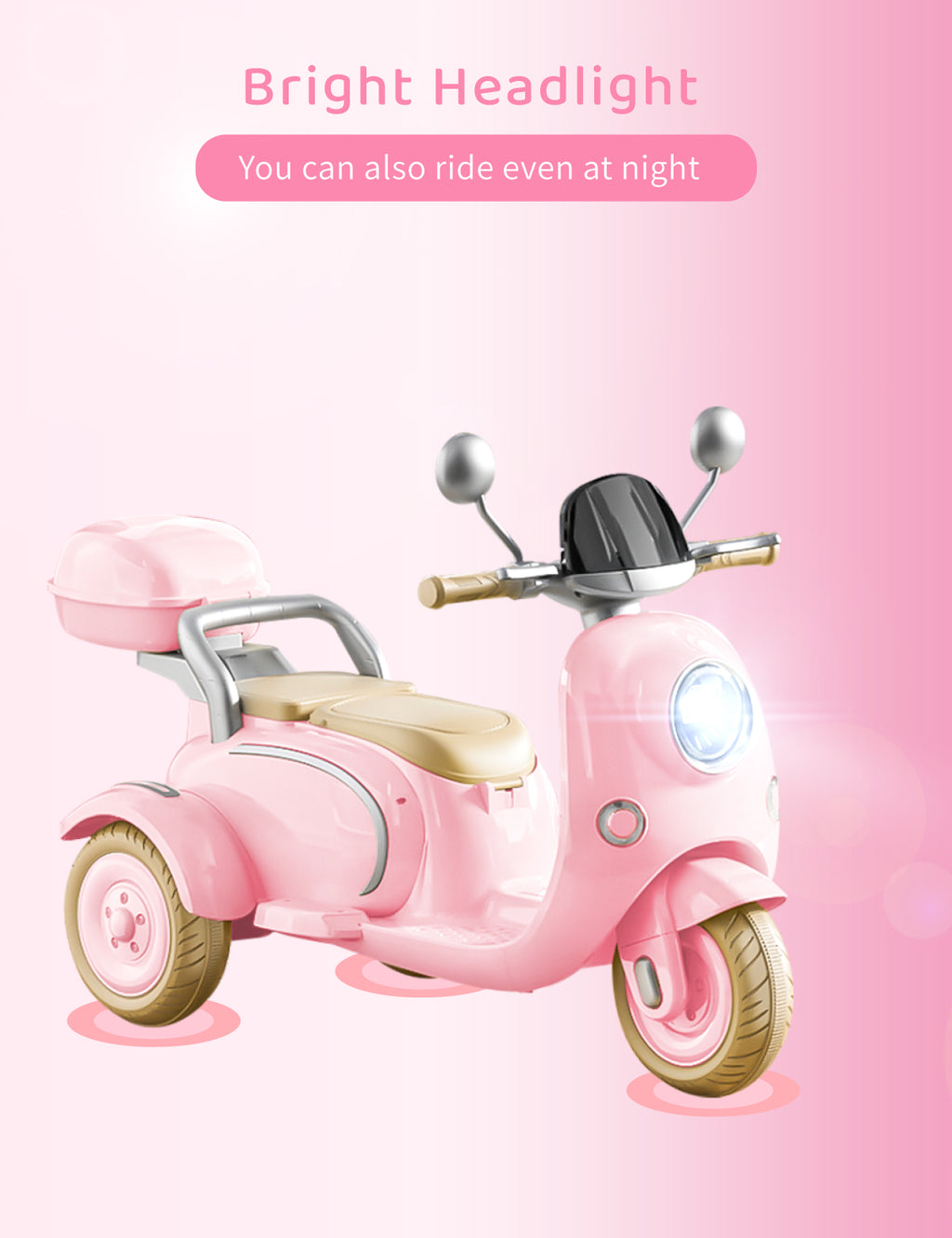 Girls Electric Motorcycle, 2 Seats Kids Motorcycle,12V Ride On Scooter for Kids with Storage Compartments, Cute Design with Stable 3-Wheel Structure, Ideal Moped for Girls Ages 3-6