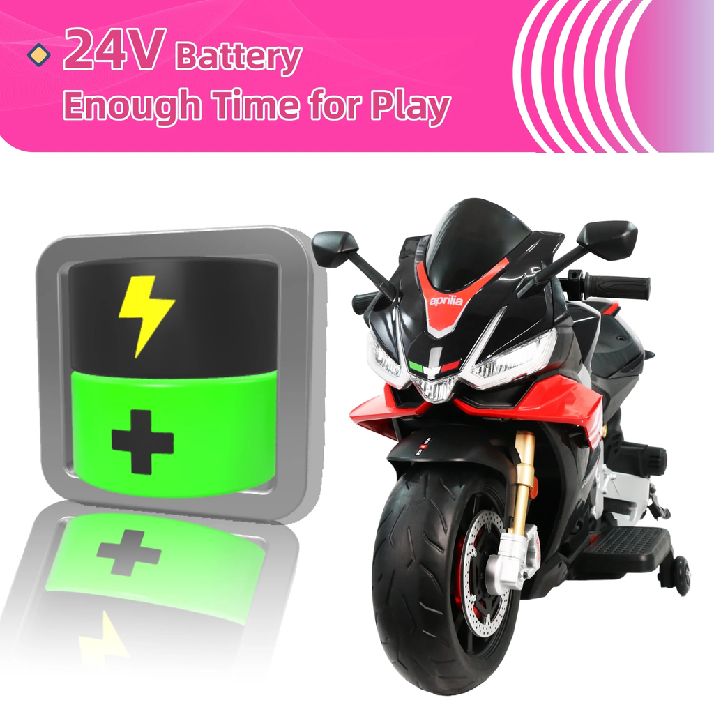 BKIRNP Aprilia 24V Kids Motorcycle Electric Motorbike Ride on Toy w/LED Lights Bluetooth Music Battery Powered 6MPH for Kids 3-11 Years Old
