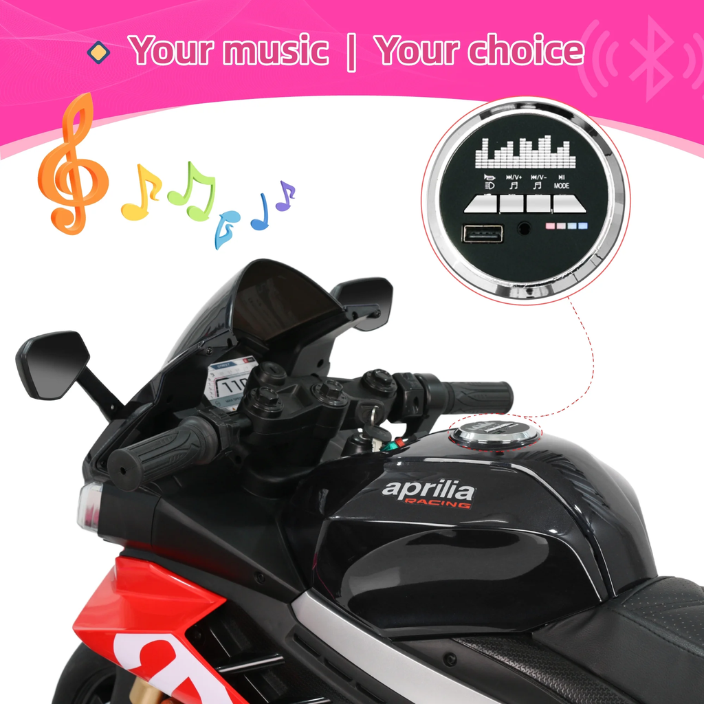 BKIRNP Aprilia 24V Kids Motorcycle Electric Motorbike Ride on Toy w/LED Lights Bluetooth Music Battery Powered 6MPH for Kids 3-11 Years Old