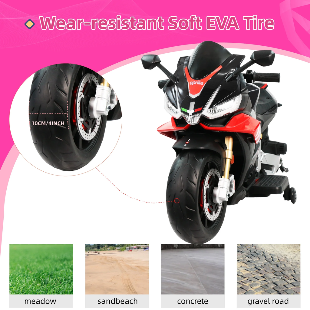 BKIRNP Aprilia 24V Kids Motorcycle Electric Motorbike Ride on Toy w/LED Lights Bluetooth Music Battery Powered 6MPH for Kids 3-11 Years Old