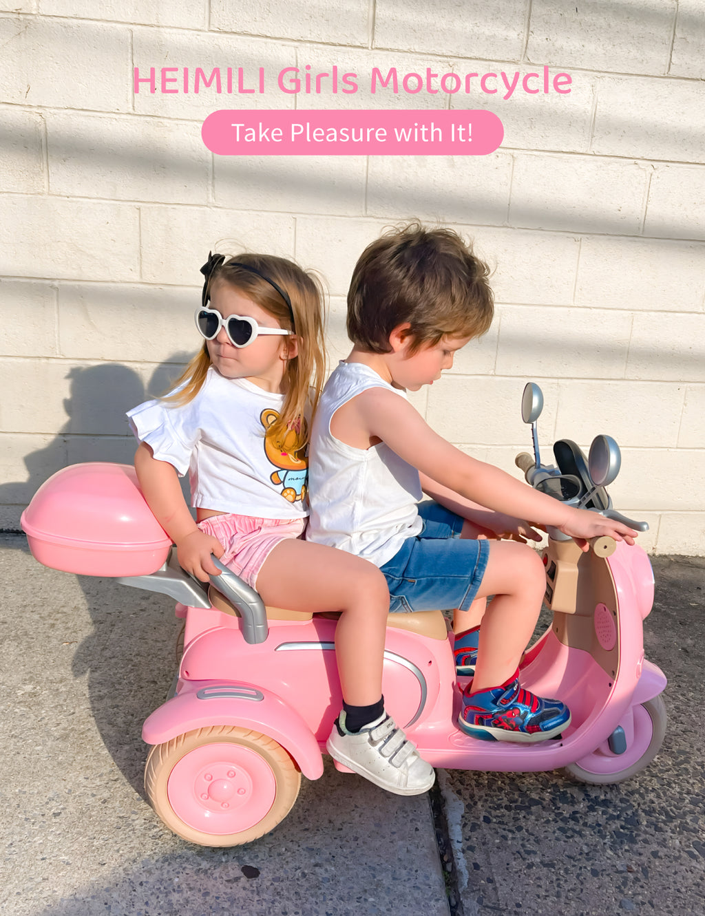 Girls Electric Motorcycle, 2 Seats Kids Motorcycle,12V Ride On Scooter for Kids with Storage Compartments, Cute Design with Stable 3-Wheel Structure, Ideal Moped for Girls Ages 3-6