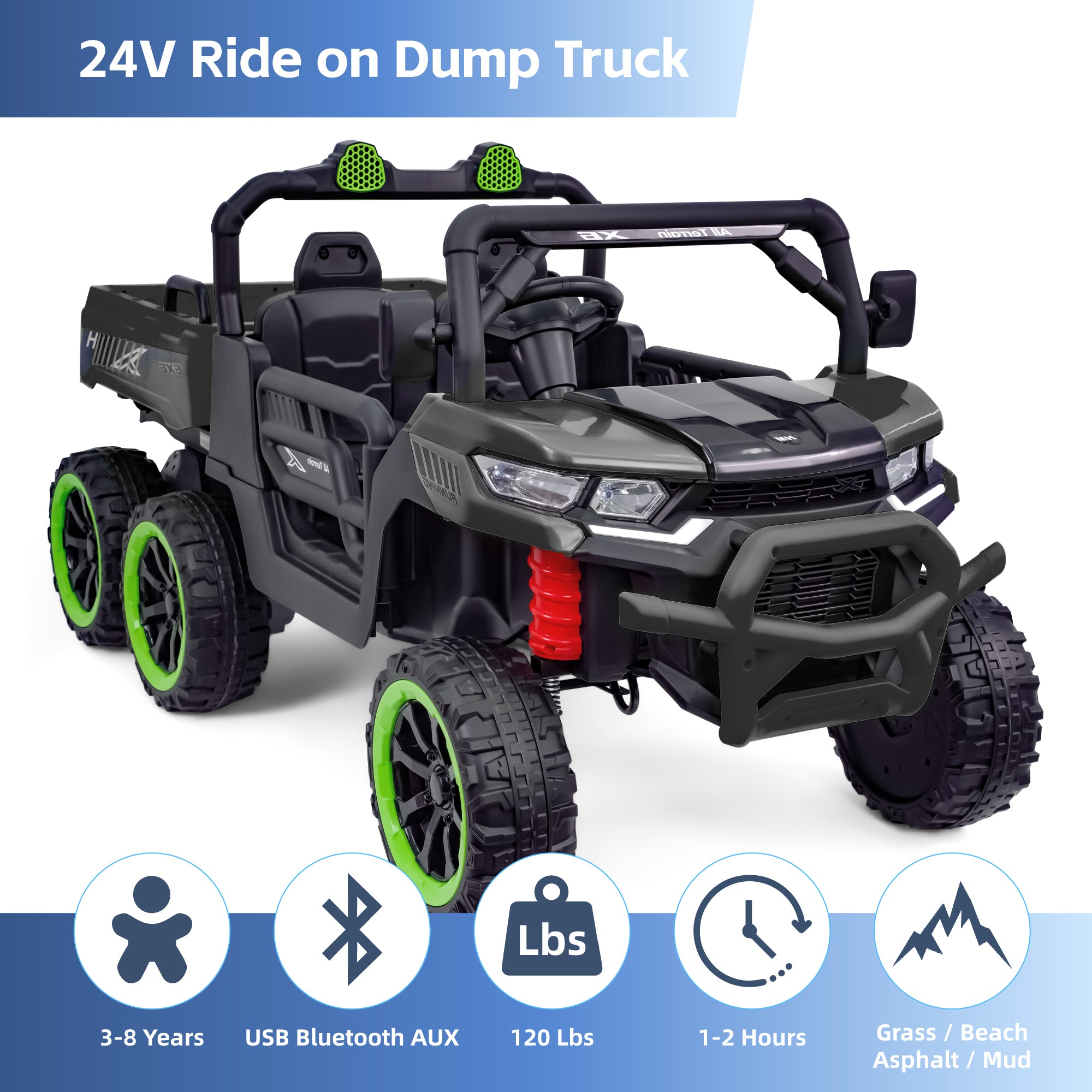24V Two-Seater Ride On Dump Truck,Ride on Car Truck, UTV W/,Ride on Toys W/ Dump Bed/Shovel, LED Light, Music, Remote Control,6 Wheels 4WD Ride On Toys for Boys Girls (Ages 3+)