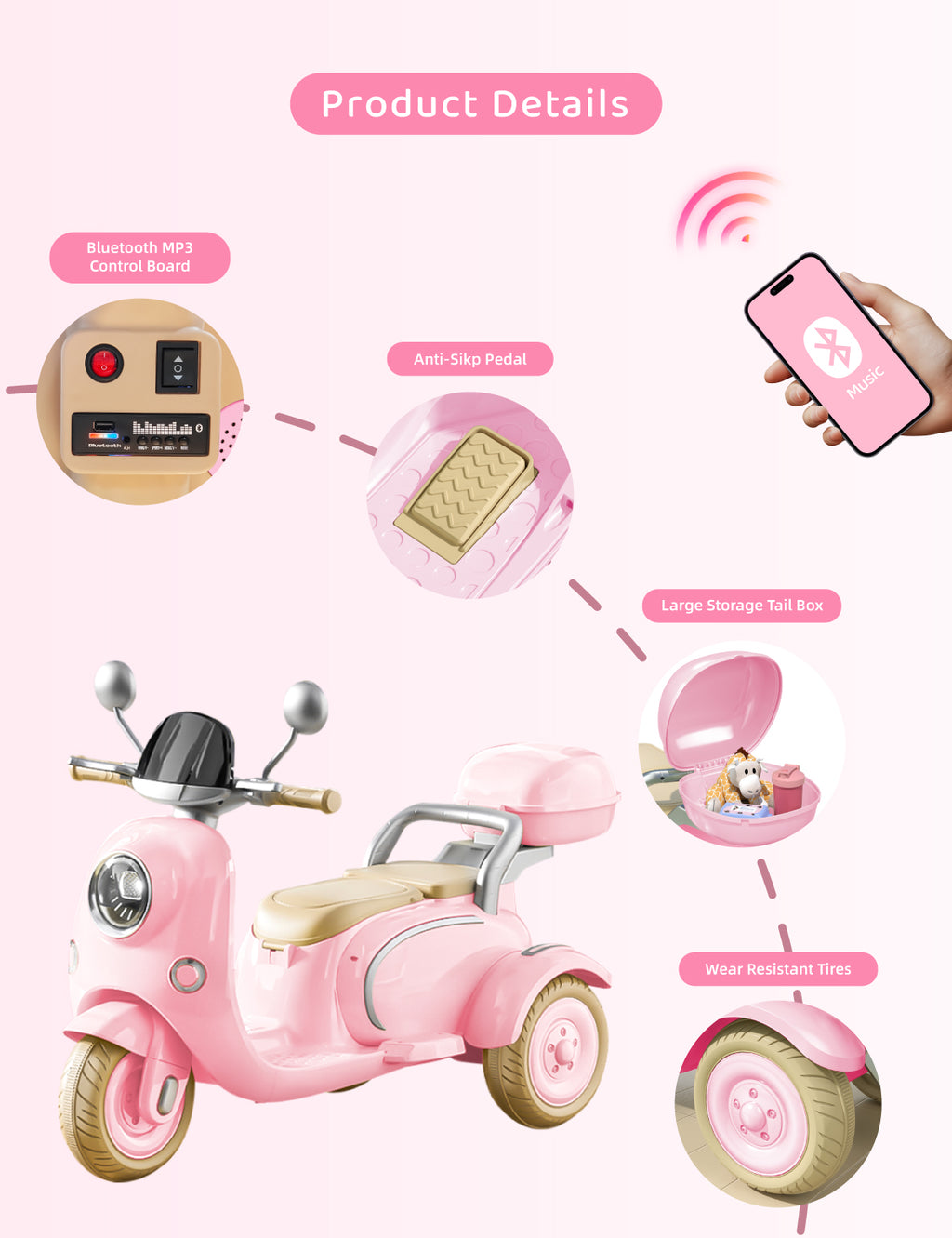 Girls Electric Motorcycle, 2 Seats Kids Motorcycle,12V Ride On Scooter for Kids with Storage Compartments, Cute Design with Stable 3-Wheel Structure, Ideal Moped for Girls Ages 3-6