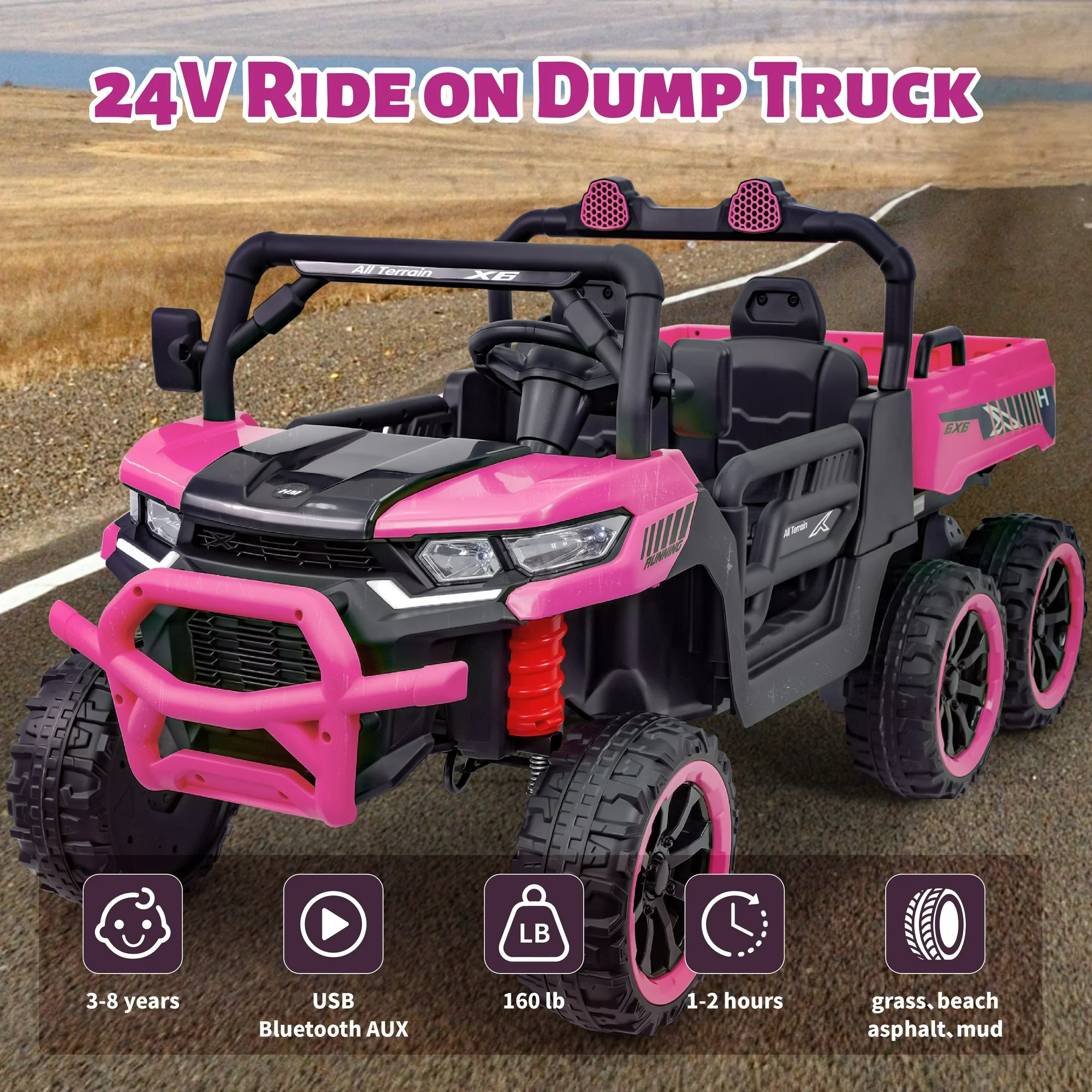 BKIRNP 24V 2 Seater Kids Ride on Car Truck,Ride on UTV W/,24 Volt Ride on Toys W/ Dump Bed/Shovel, LED Light, Music, Remote Control,6 Wheels Ride On Toys for Boys Girls