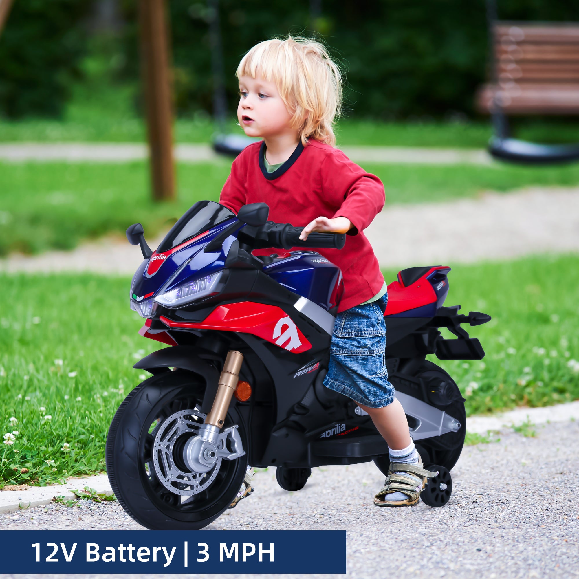 Kids Electric Motorcycle with Long Battery Life, Aprilia Licensed Motorcycle with EVA & Training Wheels, Large Seat 3-5 Years (12V)